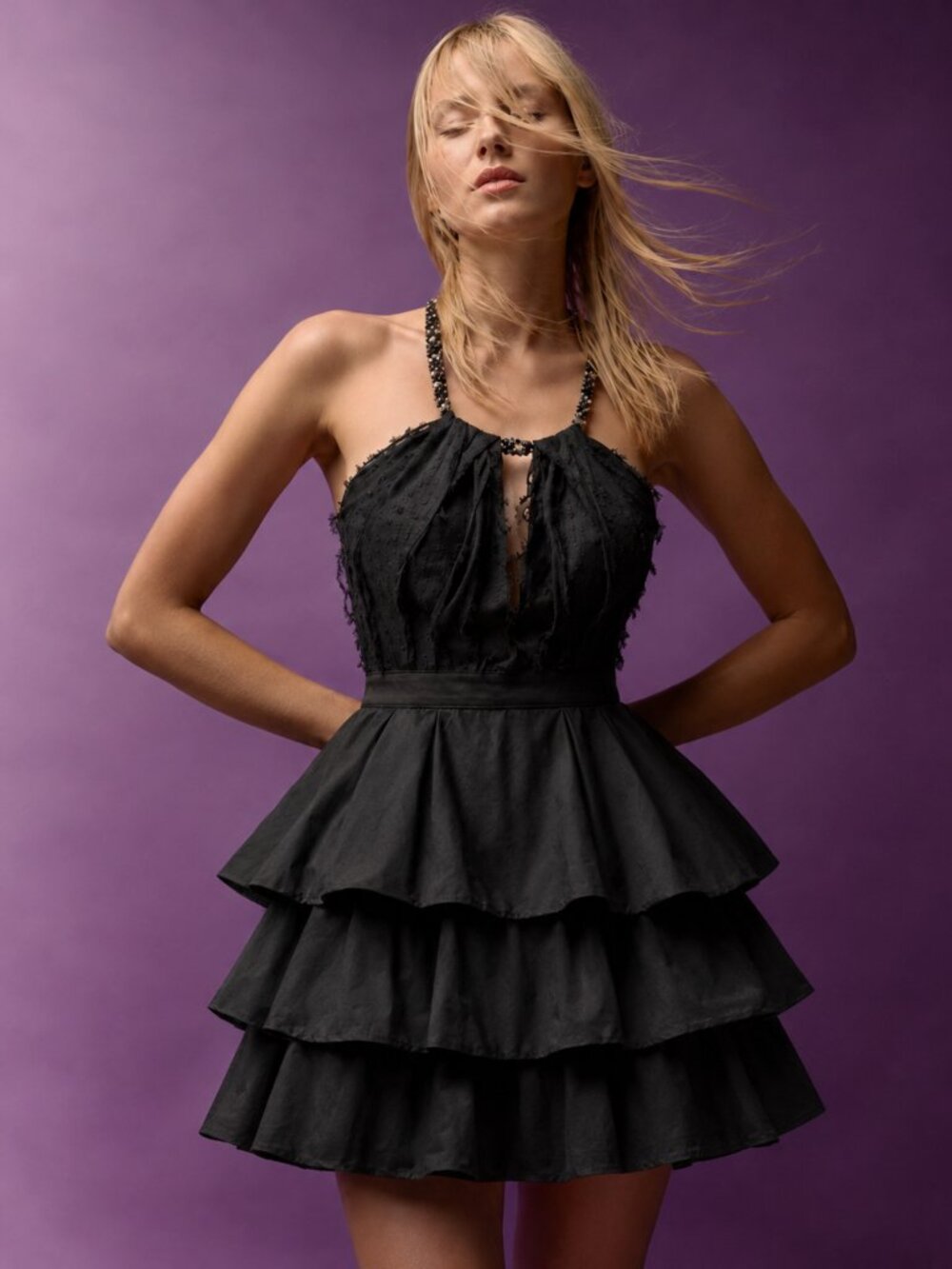 BCBG M.A. 6 Dark Romance Whimsy Goth Black Silk Cotton Beaded Mini Dress Tiered